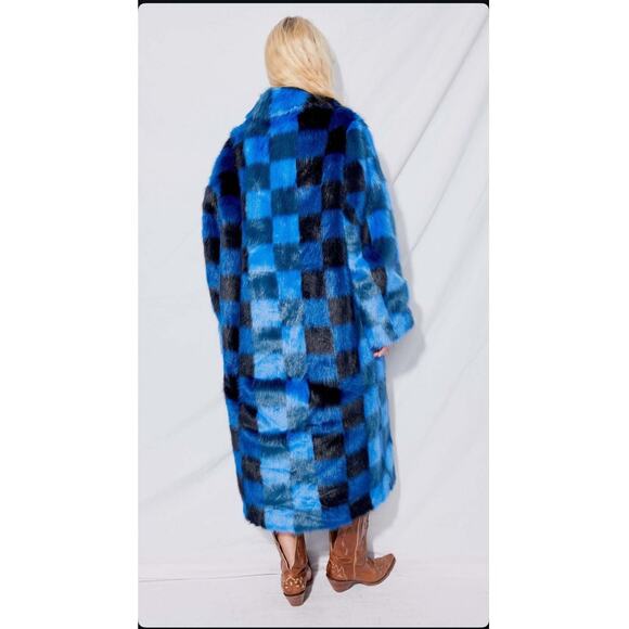 STAND STUDIO Women's Mio Blue Black Checkered Faux Fur Trench Coat Size XS - Picture 3 of 7
